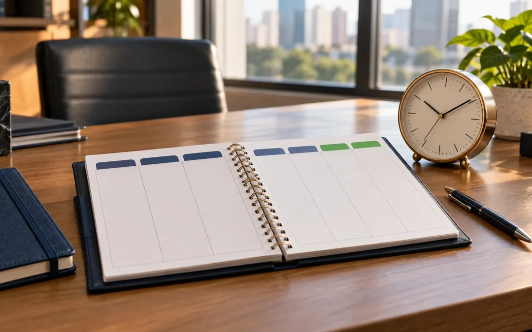 Agenda semanal e relógio ilustram o planejamento das empresas para o fim da escala 6x1