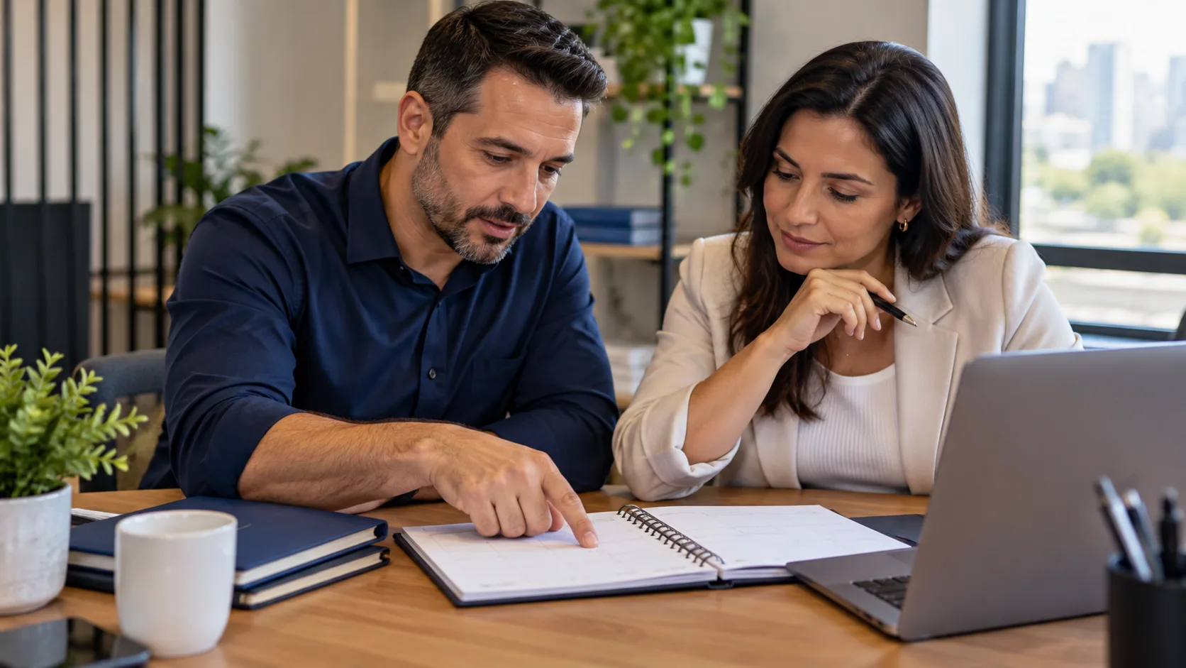 Empresário e consultora analisam uma agenda para planejar a jornada de trabalho